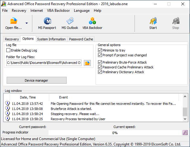 Advanced Office Password Recovery options