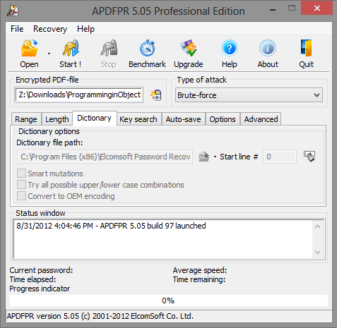 Advanced PDF Password Recovery specifying the dictionary